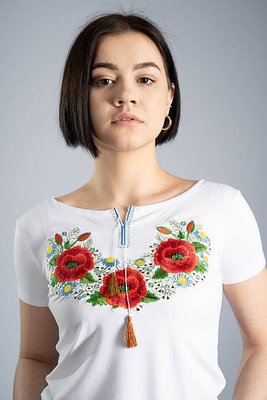 Жіноча футболка-вишиванка M.S. Маковий цвіт білий jf146 (S) 533251357 фото