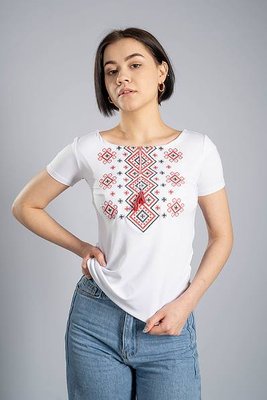 Жіноча футболка-вишиванка M.S. Карпатський орнамент білий з червоним jf061 (S) jf061 фото