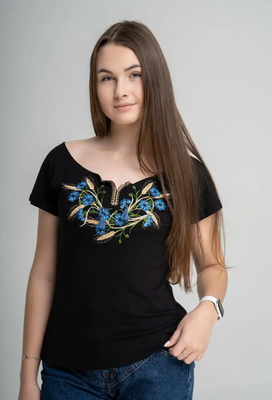 Жіноча футболка-вишиванка M.S. Волошки та колосся чорний G-92-S (S) G-92-S фото