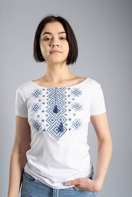 Жіноча футболка-вишиванка M.S. Карпатський орнамент білий з синім jf062 (S) 508317916 фото
