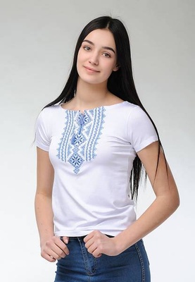 Жіноча футболка-вишиванка M.S. Гуцулка білий з синім jf057 (M) 508317649 фото