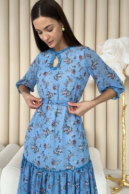 Жіноча шифонова сукня нижче коліна з квітковим принтом N.K. блакитний 3384-с02 (S) 3384-с02 фото
