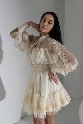 Жіноча дизайнерська сукня Z.H. Старла міні молочний з мереживом I404 (S) I404 фото
