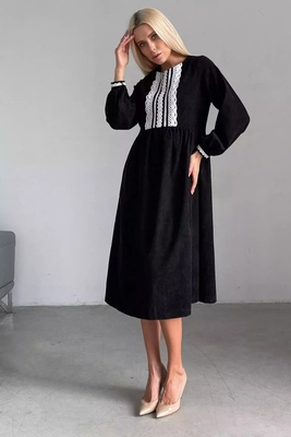 Жіноча сукня з вельветової тканини нижче коліна N.K. чорна з білим мереживом 3341-c04 (L) 3341-c04 фото