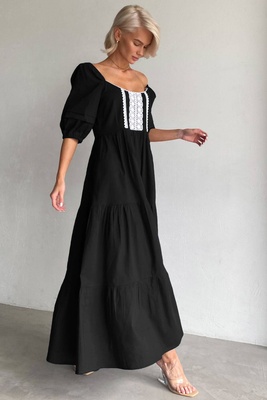 Жіноча лляна сукня міді N.K. чорний з елементами мережива 3153-c03 (S) 531384770 фото