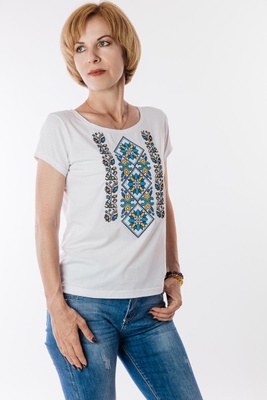 Жіноча футболка-вишиванка M.L. Панянка білий з жовто-синім 301101111-001 (M) 301101111-001 фото