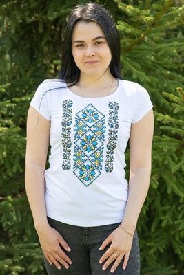 Жіноча футболка-вишиванка M.L. Панянка білий з жовто-синім 301101111-001 (M) 301101111-001 фото