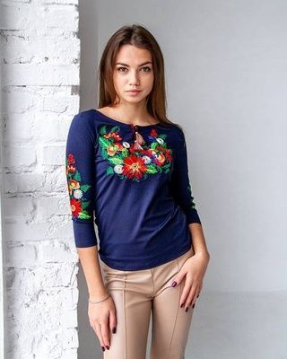 Жіночий лонгслів-вишиванка Galych Петриківка синій з червоним 5505 (S) 578912965 фото
